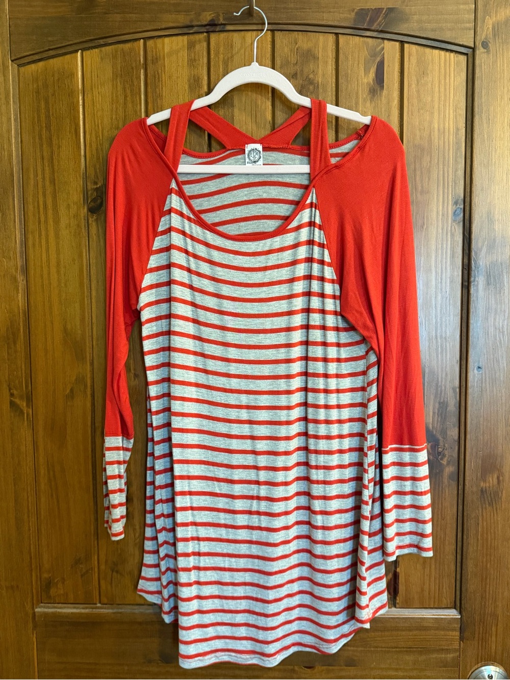 Sun n Moon Red and Light Gray Striped Tunic with Cutout Back